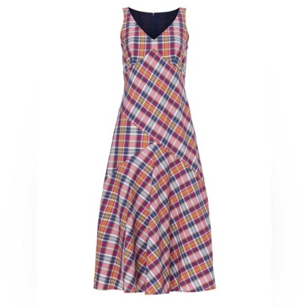 Ralph Lauren Madras Ruffle Midi Cotton Black Label Midi Dress Size 2 Pink Blue